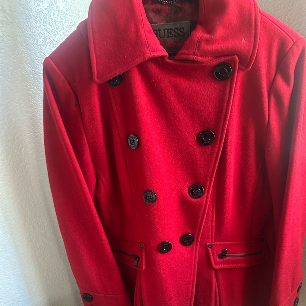 Guess red pea coat size